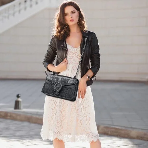 Snake Print Leather Blue Crossbody Bag for Women Chain Strap and Clutch Style - Picture 7 of 7